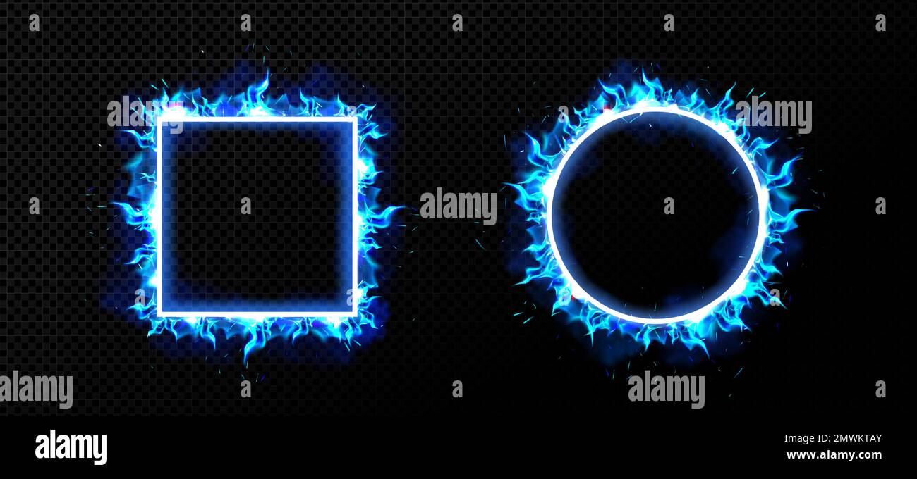Square and round blue fire frames png isolated on transparent background. Realistic vector illustration of ui neon borders burning in cold ice flame with sparkles and smoke. Game avatar design element Stock Vector