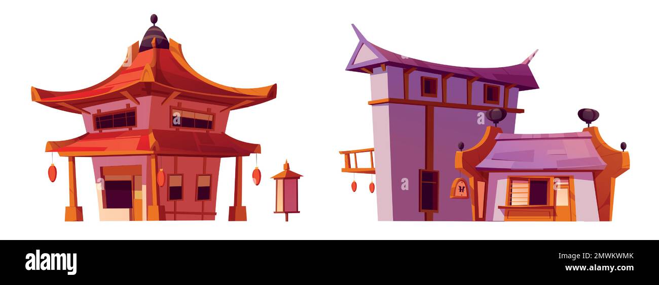 Cartoon set of Chinese houses or shops isolated on white background. Vector illustration of oriental architecture style buildings with traditional Asian roofs, decorated with red paper lanterns Stock Vector