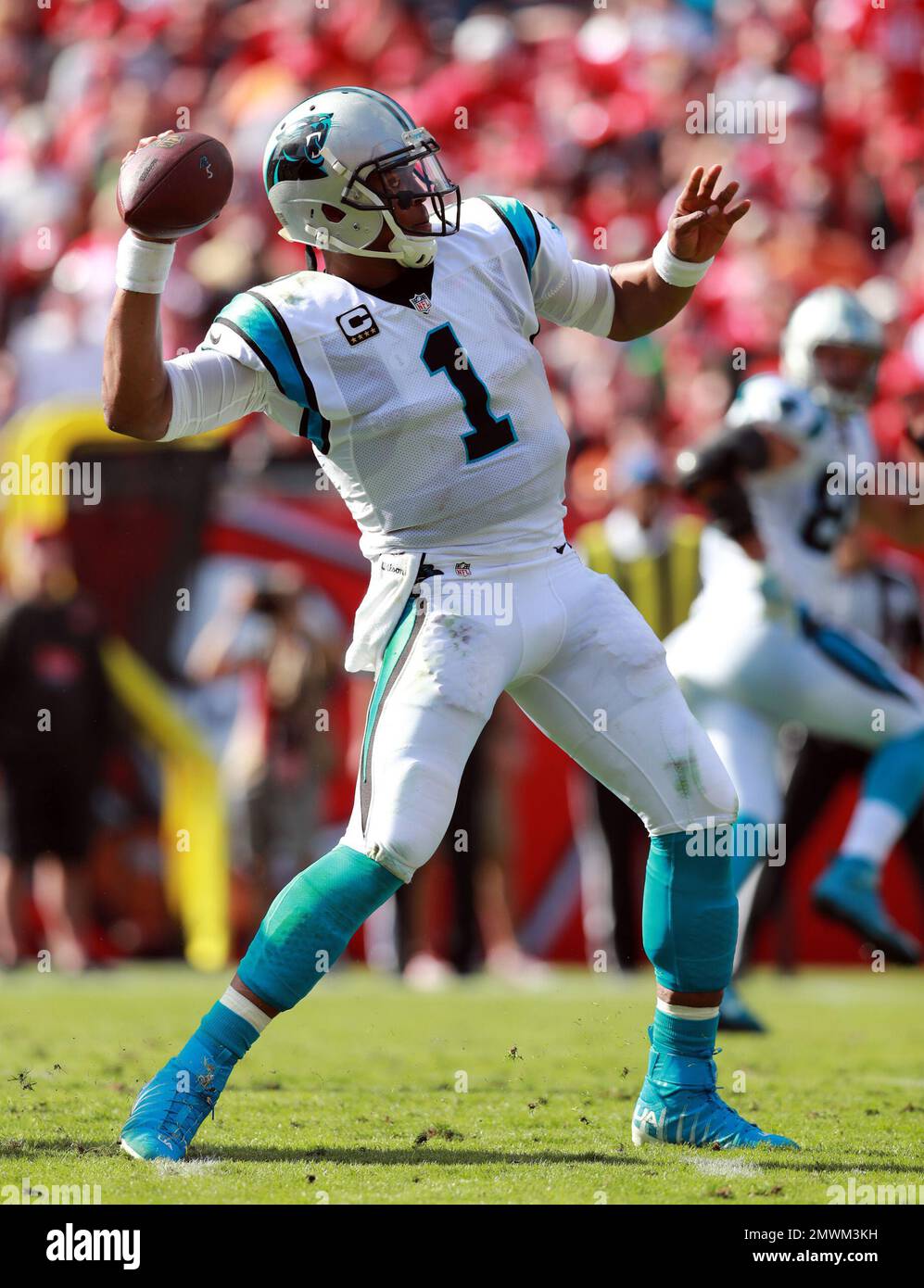 Carolina Panthers quarterback Cam Newton (1) looks to throw a pass against the Tampa Bay Buccaneers during an NFL football game Sunday, Jan. 1, 2017, in Tampa, Fla. (Jeff Haynes/AP Images for Panini) Stock Photo