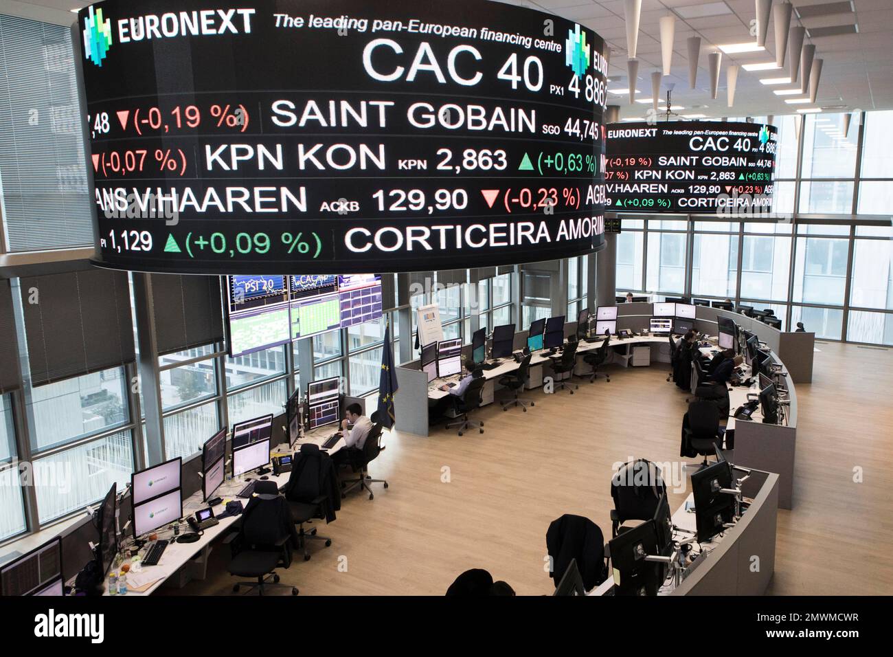 Analysts work at the Euronext headquarters in the business district la  Defense, outside Paris, Tuesday, Jan. 10, 2017. Euronext is a cross-border  European stock exchange, created in 2000 from the merger of