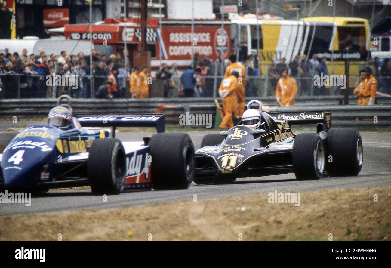 Brian Henton (Tyrrell-Ford} leads Elio de Angelis (Lotus-Ford) at the  Belgium Grand Prix 1982 at Zolder Stock Photo