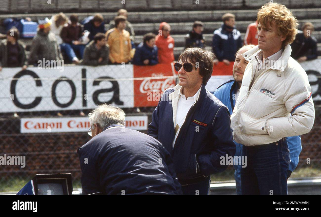 BernieEcclestone with Max Mosley at the Belgium Grand Prix 1982 at Zolder Stock Photo