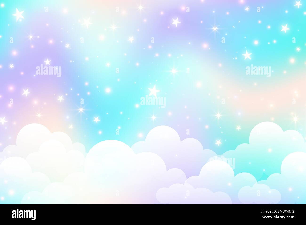 Holographic fantasy rainbow unicorn background with clouds and stars. Pastel color sky. Magical landscape, abstract fabulous pattern. Cute candy Stock Vector