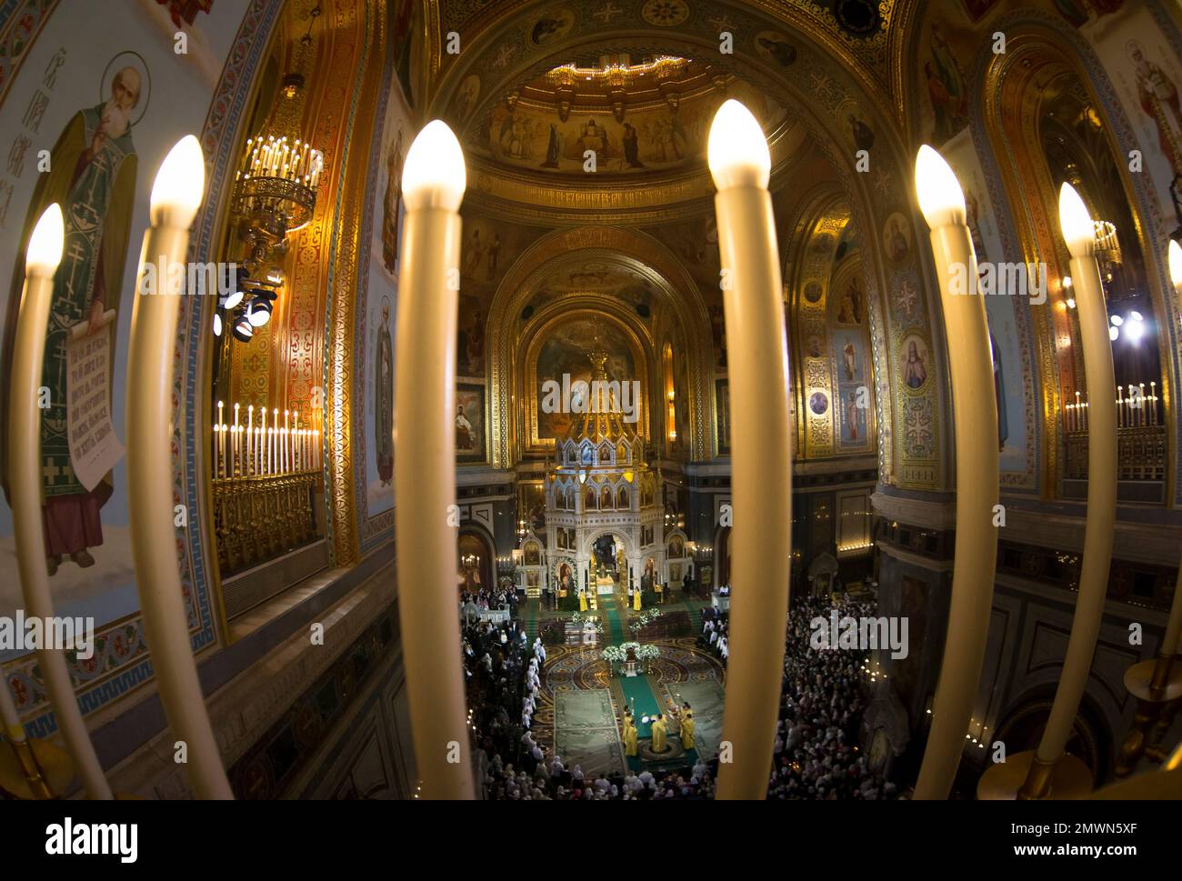 Russian Orthodox Patriarch Kirill, center back, serves the Christmas