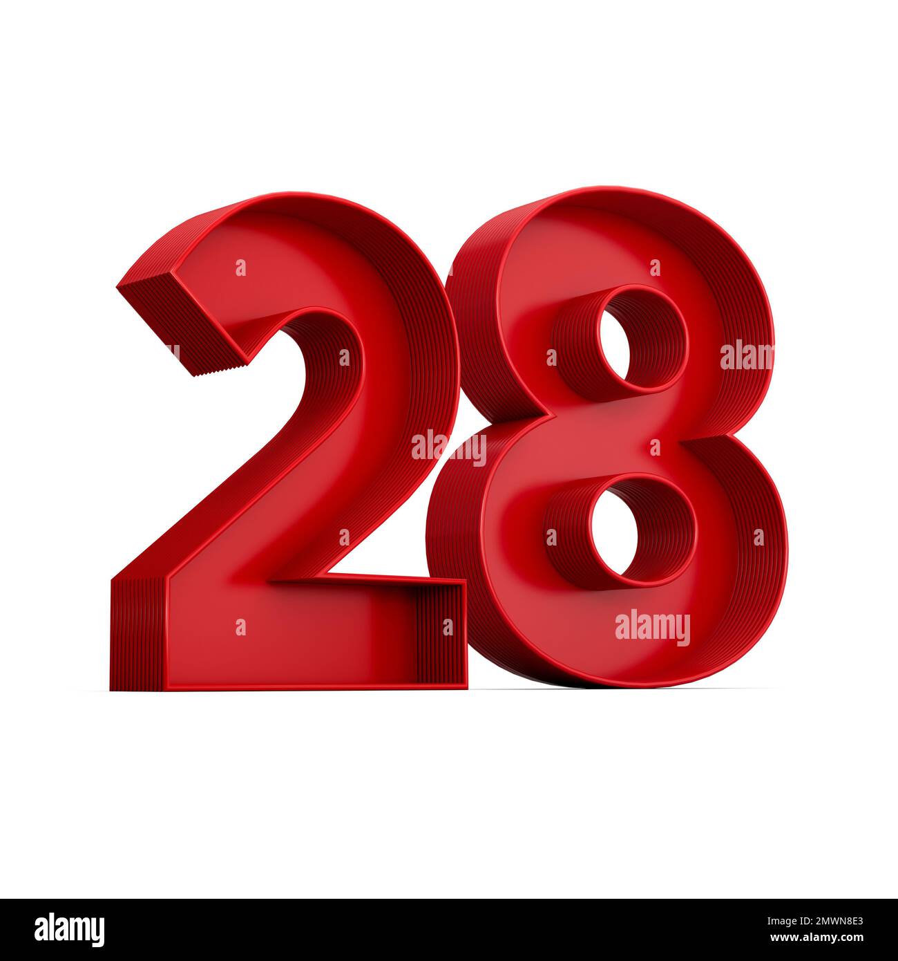 A 3d rendering of the red number 28 isolated on the empty white background Stock Photo