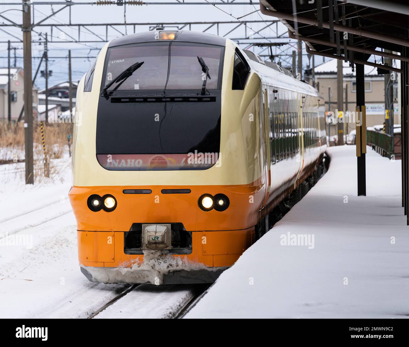 A JR East E653 Series Inaho express train arrives at Tsuruoka Station in Yamagata Prefecture on a snowy day. Stock Photo