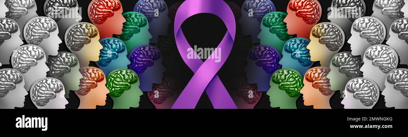 Alzheimers Awareness purple Ribbon as a progressive neurodegenerative memory loss disorder with declining cognitive function as a symbol for dementia Stock Photo