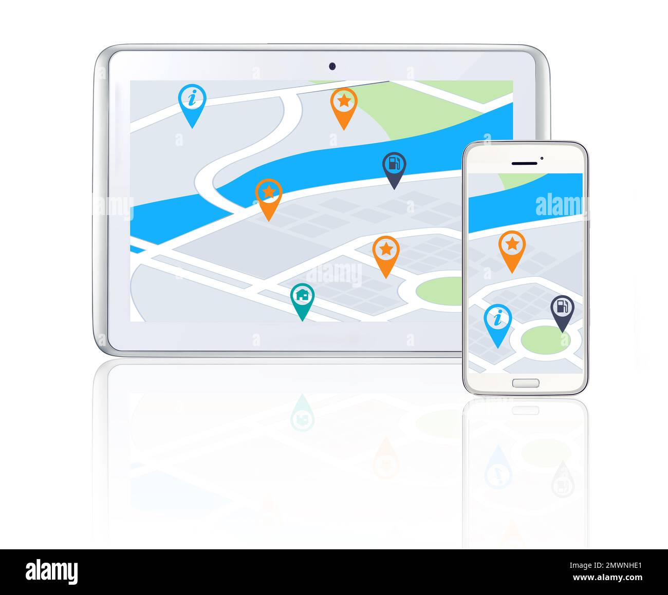 Travel assistance on the road. a tablet and smartphone showing street ...