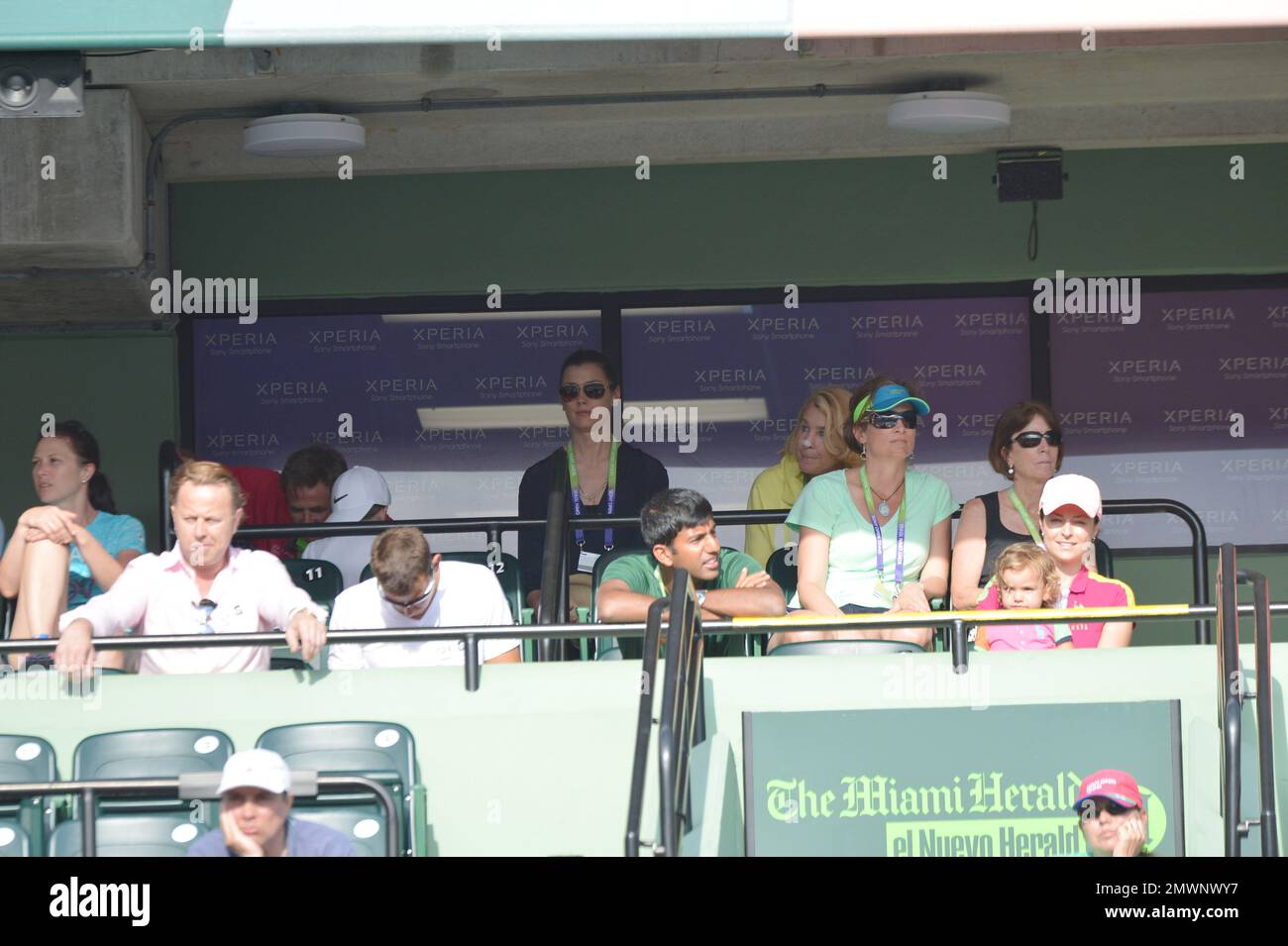 KEY BISCAYNE, FL - MARCH 24: Quarterback Tom Brady baby mama and Coyote Ugly Actress Bridget Moynahan and son Jack Brady day 7 at the Sony Open at Crandon Park Tennis Center.  Kathryn Bridget Moynahan (born April 28, 1970, known as Bridget Moynahan, is an American model and actress on March 24, 2013 in Key Biscayne, Florida.   People:  Bridget Moynahan Jack Brady Stock Photo