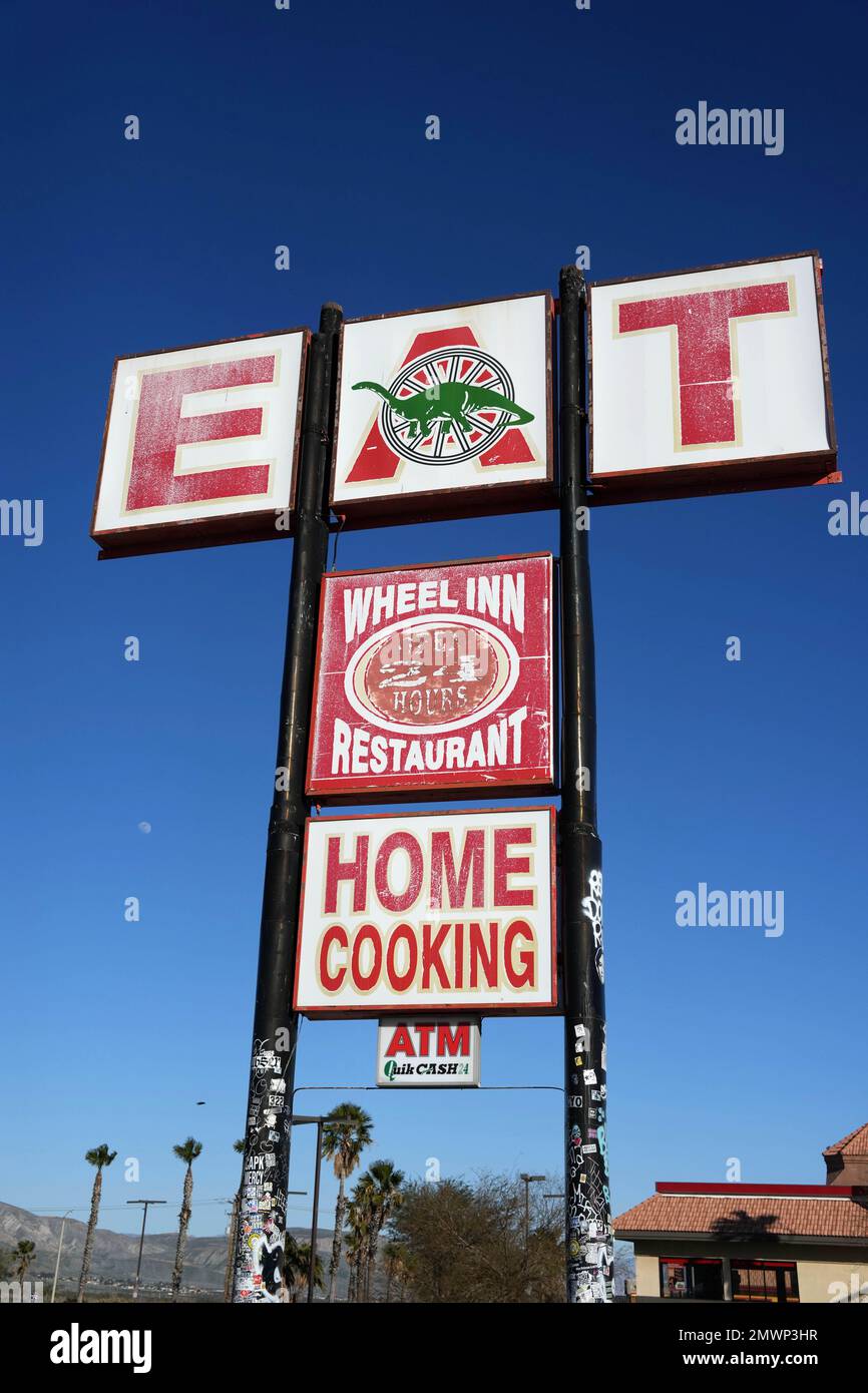 Cabazon, United States. 01st Feb, 2023. A sign for the Wheel Inn