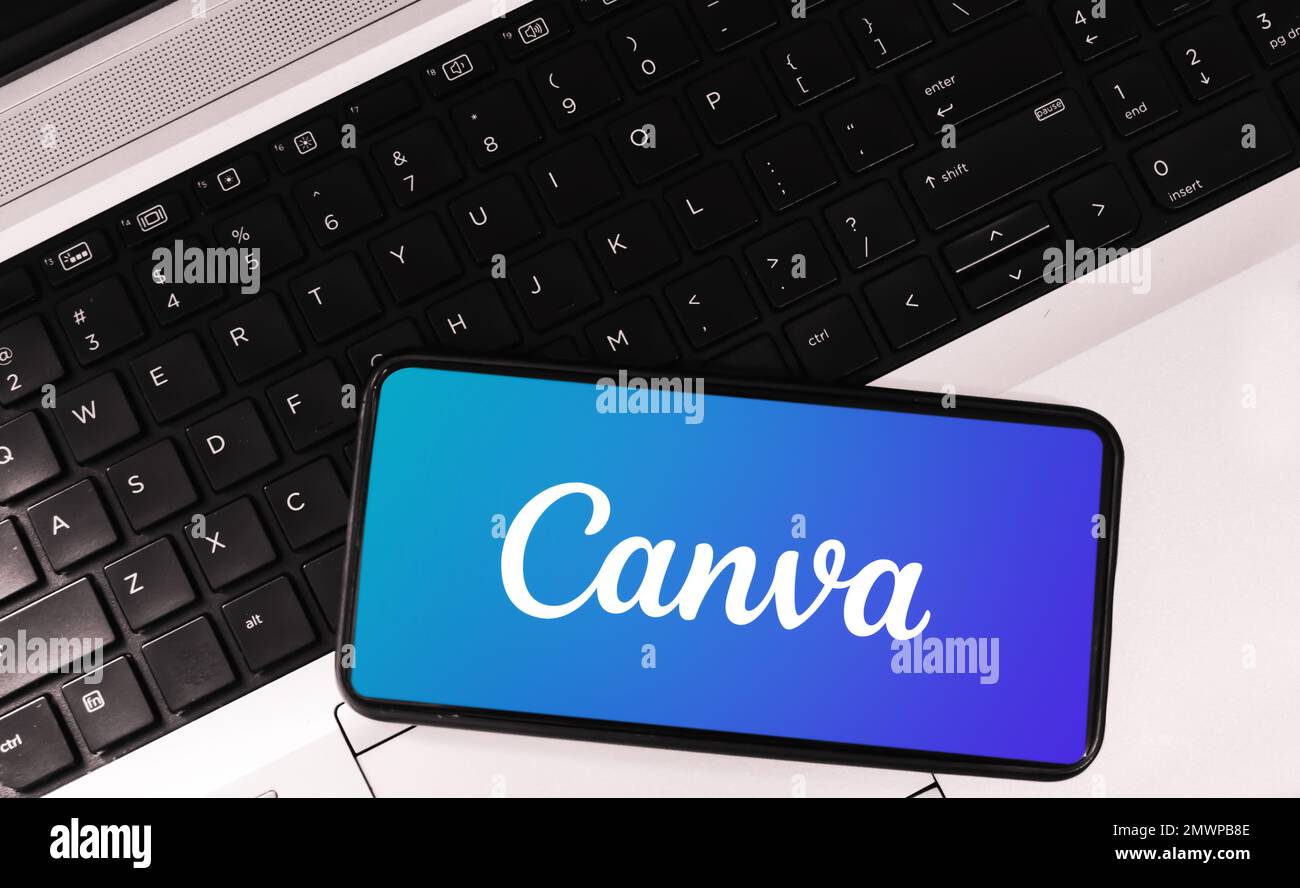 28.1. Pakistan. Canva Mobile application opened placed on laptop, editorial Stock Photo