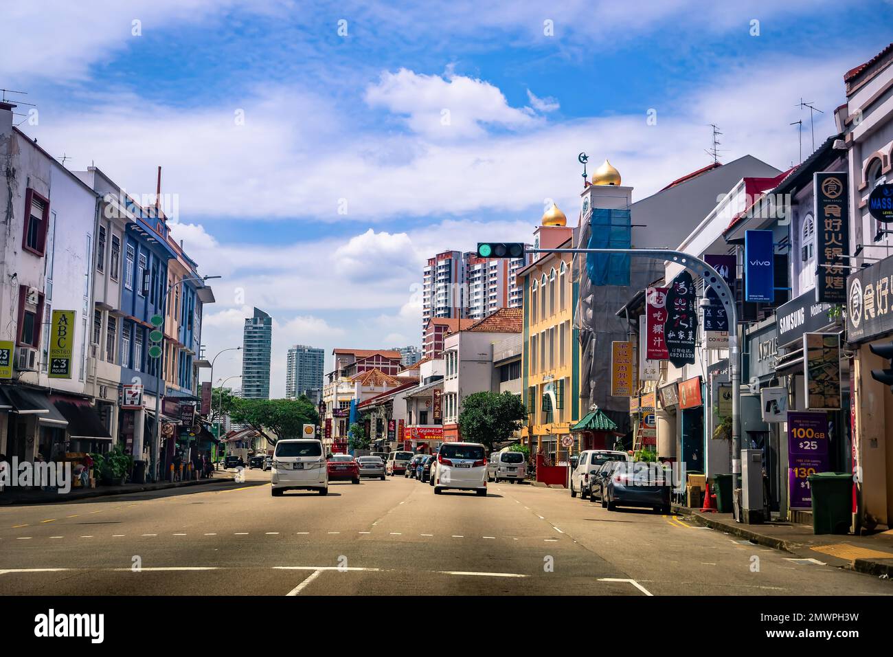 Shophouses and street view of Geylang district in Singapore. Stock Photo