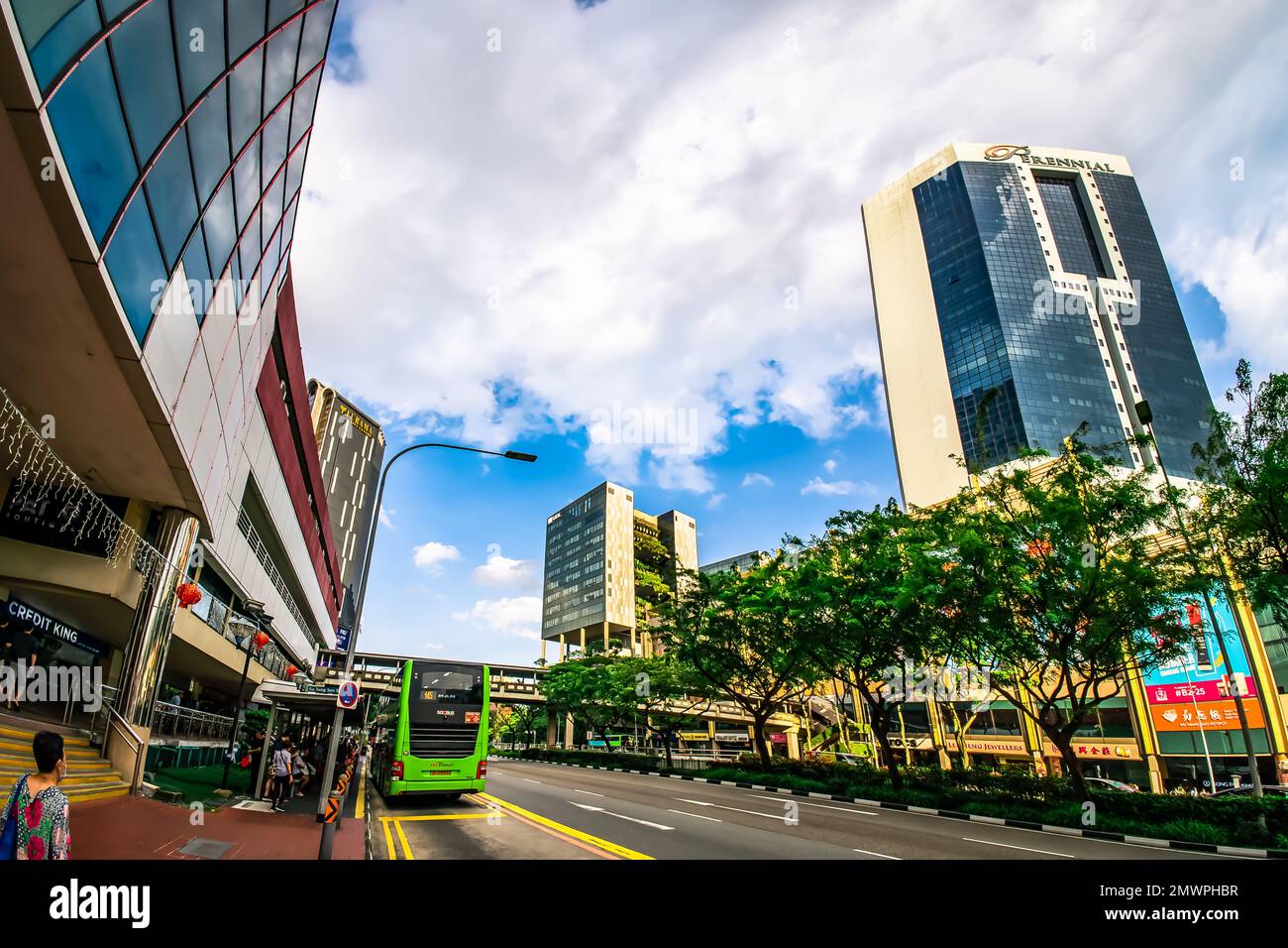 Travelling along Eu Tong Sen street with People's Park Centre, Chinatown Point, Furama City Centre and Parkroyal Collection Pickering in view. Stock Photo