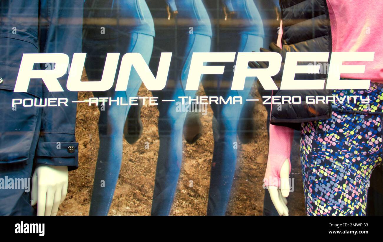 Run free shop display promoting running sportswear fashion Stock Photo