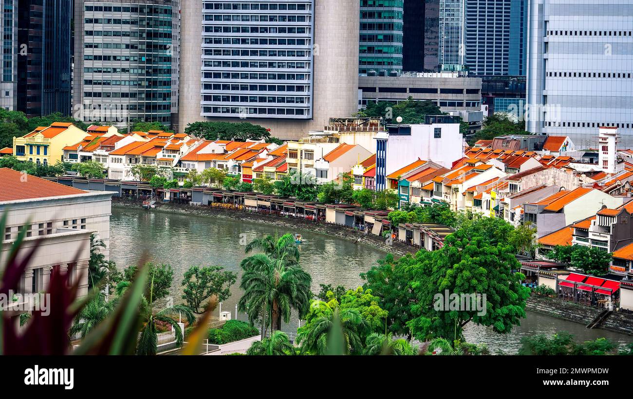 Arial view of Boat Quay area in Singapore. Boat Quay is a historical