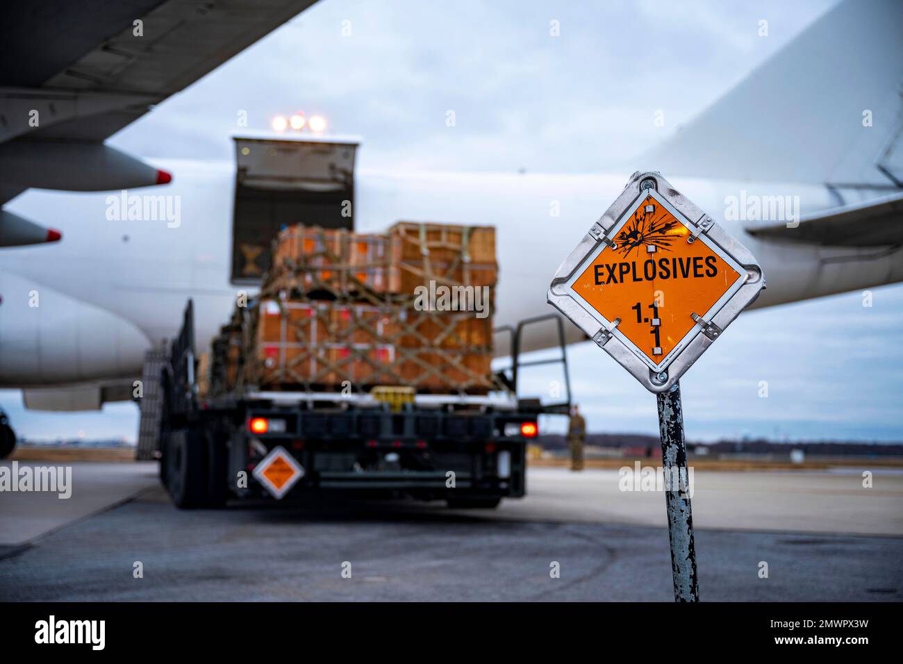Dover AFB, Delaware, USA. 13th Jan, 2023. An explosives sign marks the cordon around a commercial aircraft during a security assistance mission at Dover Air Force Base, Delaware, Jan. 13, 2023. The United States has committed more than $24.5 billion in security assistance to Ukraine since the beginning of Russian aggression. Credit: Amanda Jett/U.S. Air Force /ZUMA Press Wire Service/ZUMAPRESS.com/Alamy Live News Stock Photo
