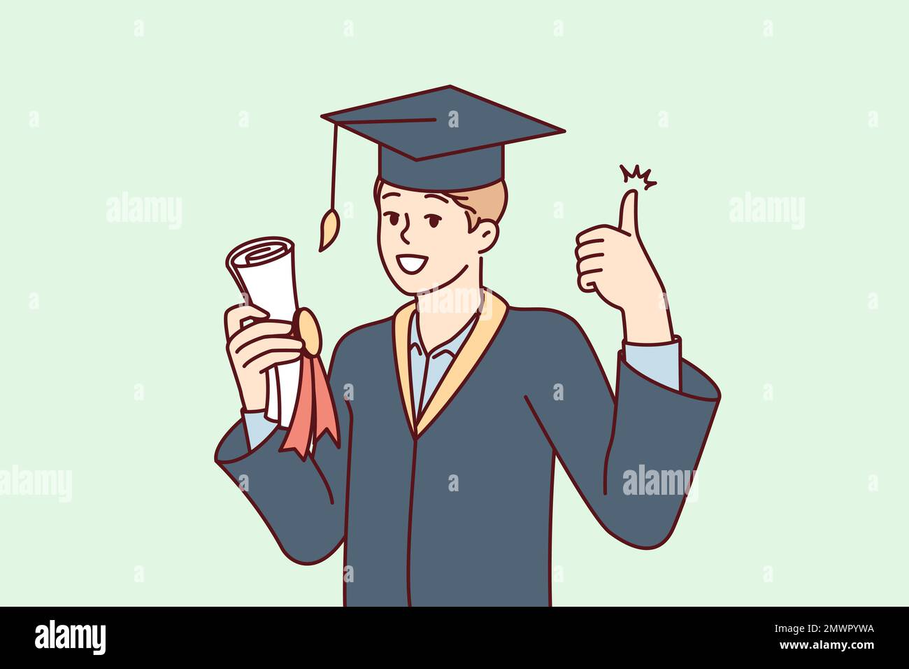 Graduate guy in academic gown and hat holds bundle with diploma and shows thumbs up. University student rejoices in getting quality education in good educational institution Stock Vector