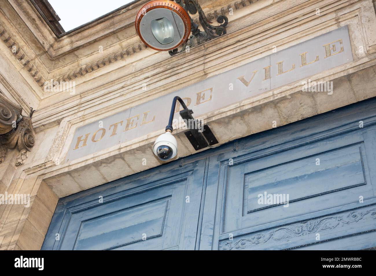 White round CCTV camera on hotel de ville, means city hall, in bordeaux