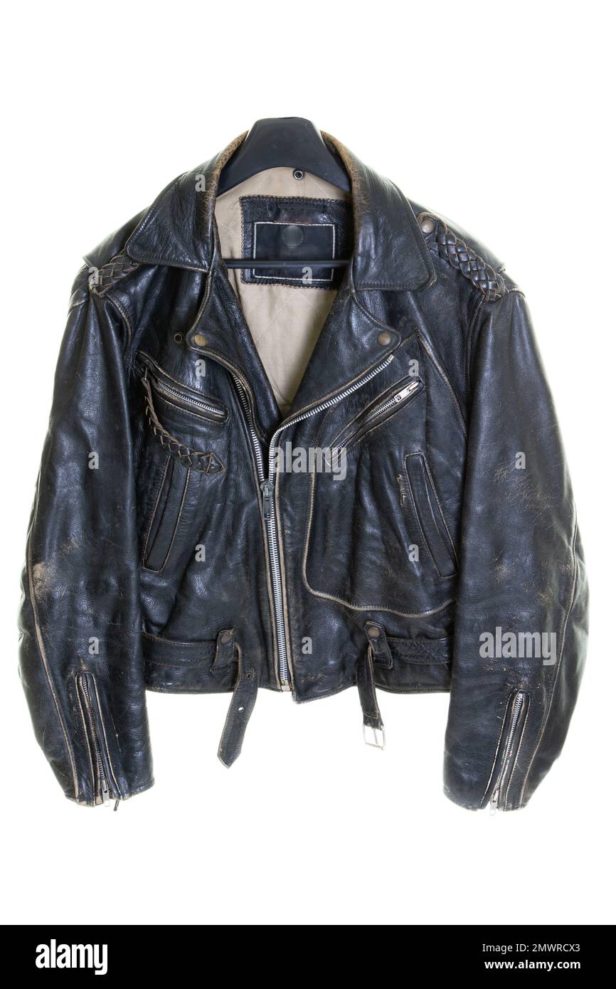 Classic closed black used leather bikers jacket shot from the front Stock Photo