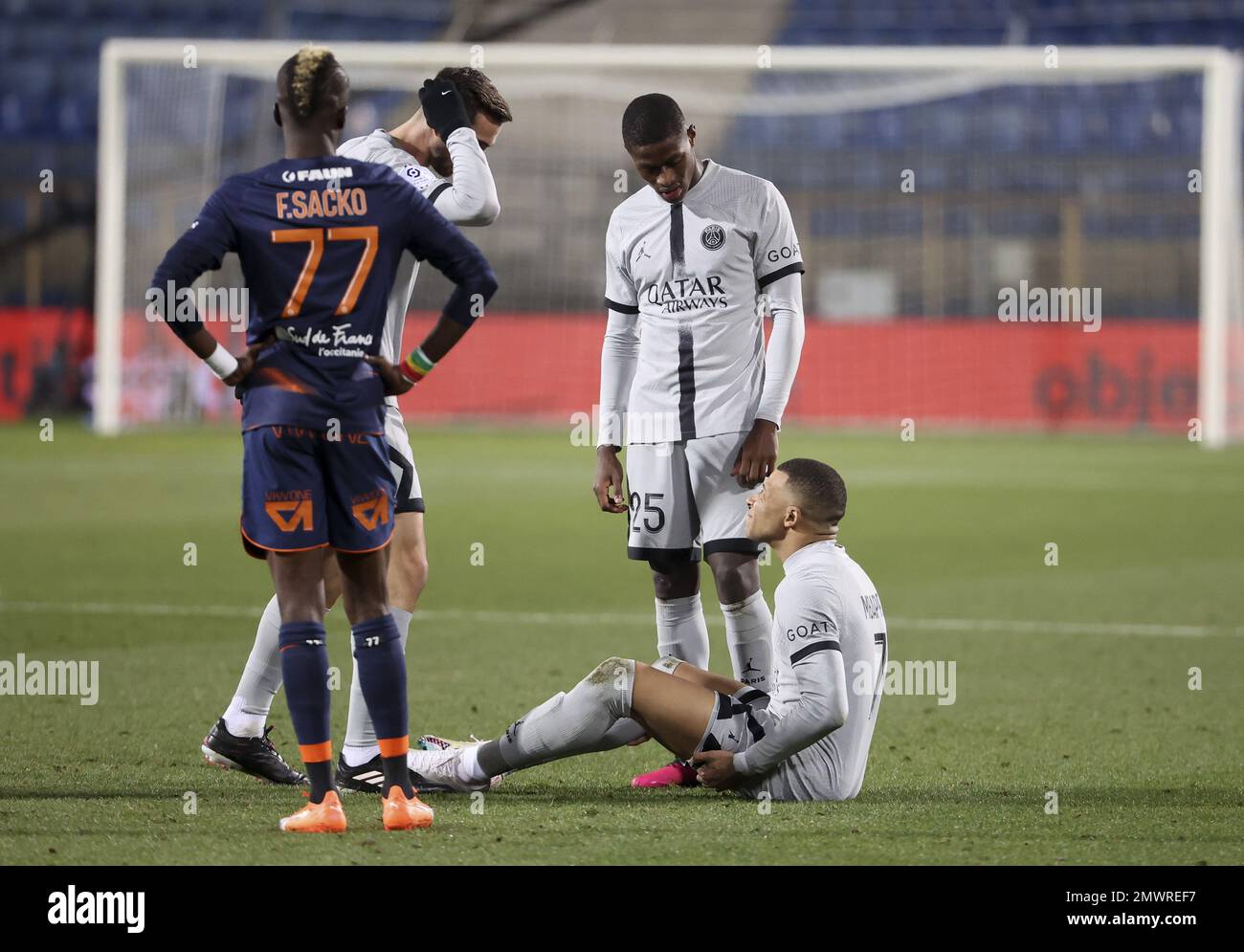 Montpellier, France - 01/02/2023, Injured Kylian Mbappe of PSG during the French championship Ligue 1 football match between Montpellier HSC and Paris Saint-Germain on February 1, 2023 at La Mosson-Mondial 98 stadium in Montpellier, France - Photo: Jean Catuffe/DPPI/LiveMedia Stock Photo