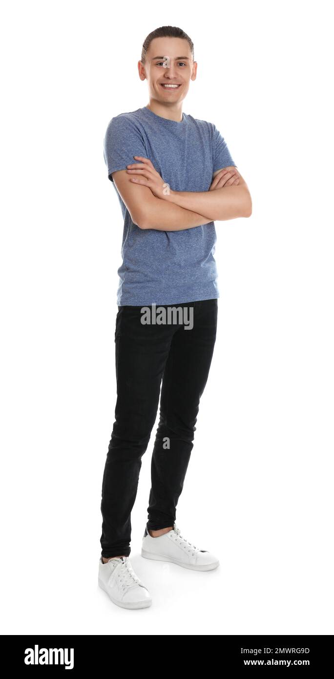 Full length portrait of happy young man on white background Stock Photo ...