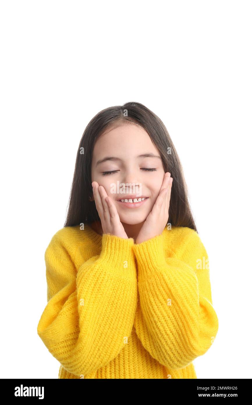 Portrait of cute little girl on white background Stock Photo - Alamy