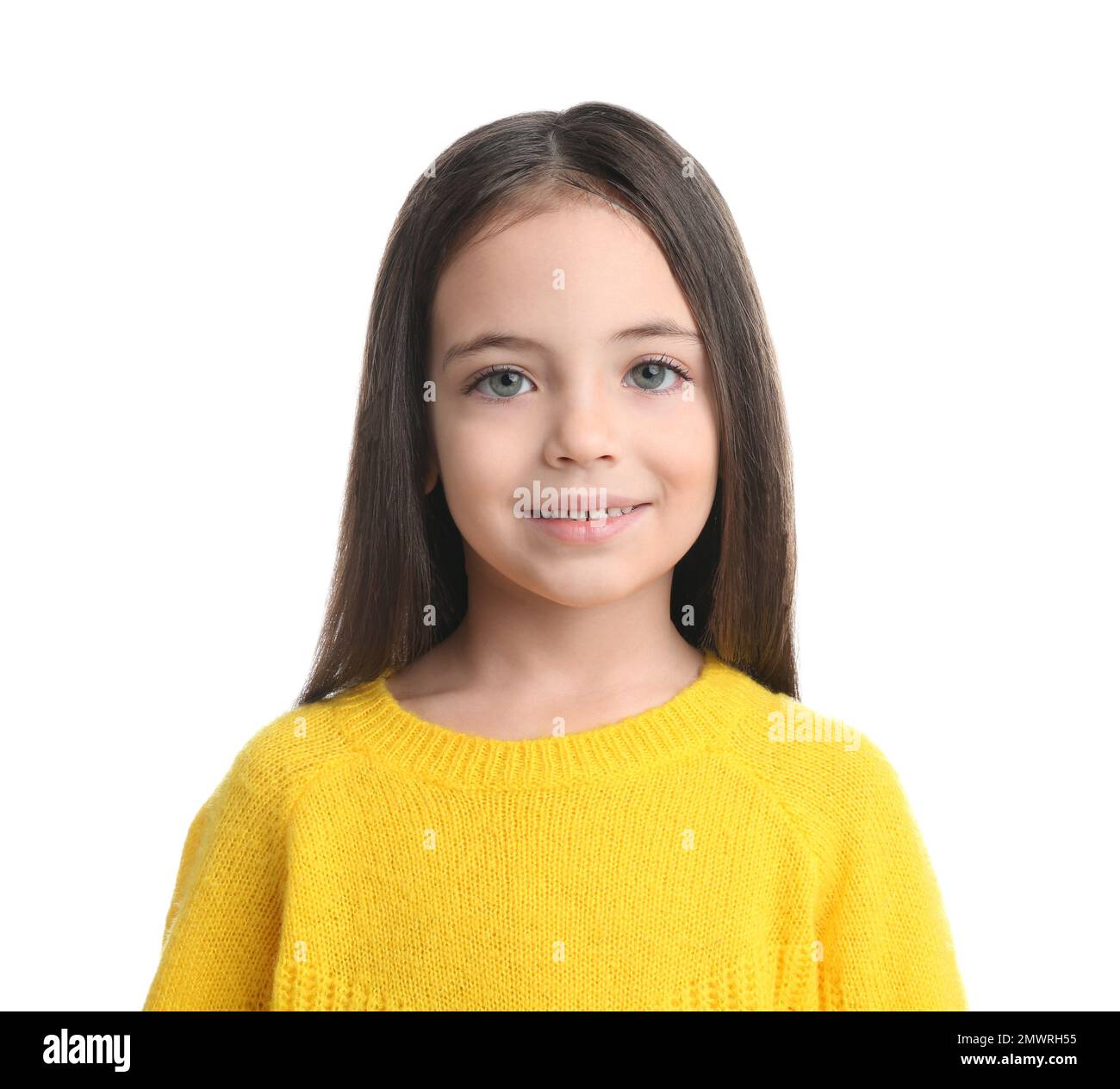 Portrait of cute little girl on white background Stock Photo - Alamy