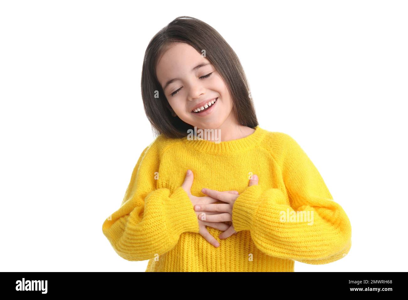 Portrait of cute little girl on white background Stock Photo - Alamy