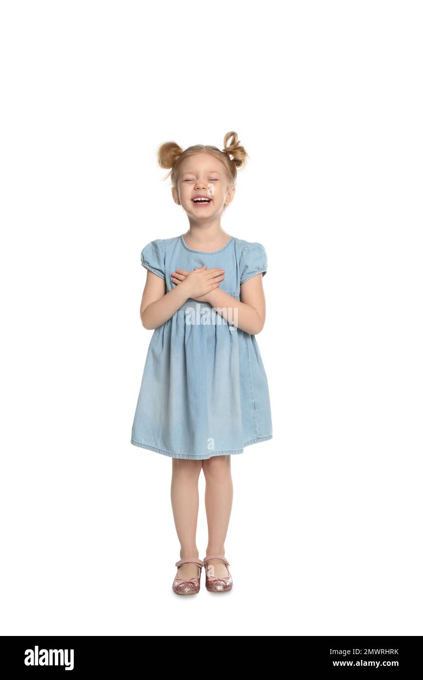 Portrait of cute little girl on white background Stock Photo - Alamy
