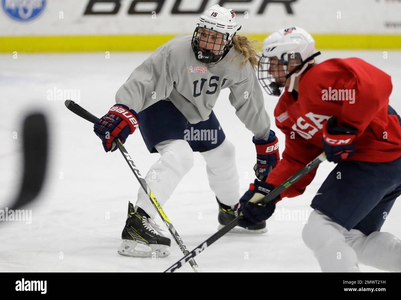 USA defenseman Anne Schleper (15) cross checks Canada forward Jayna Hefford  (16) in the second period of the women's hockey gold medal game at the  Bolshoy Ice Dome during the Winter Olympics