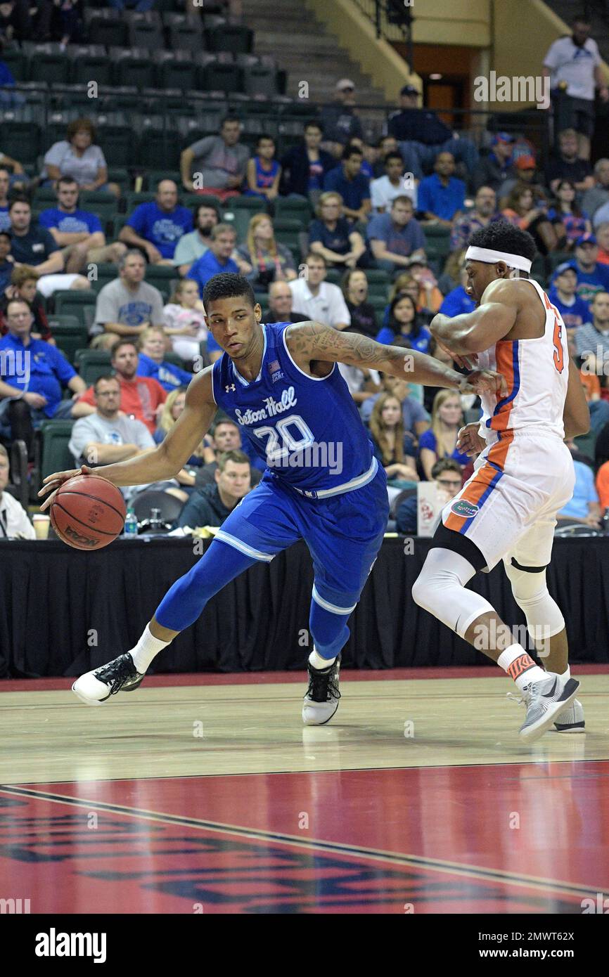 Seton Hall forward Desi Rodriguez (20) drives against Florida guard