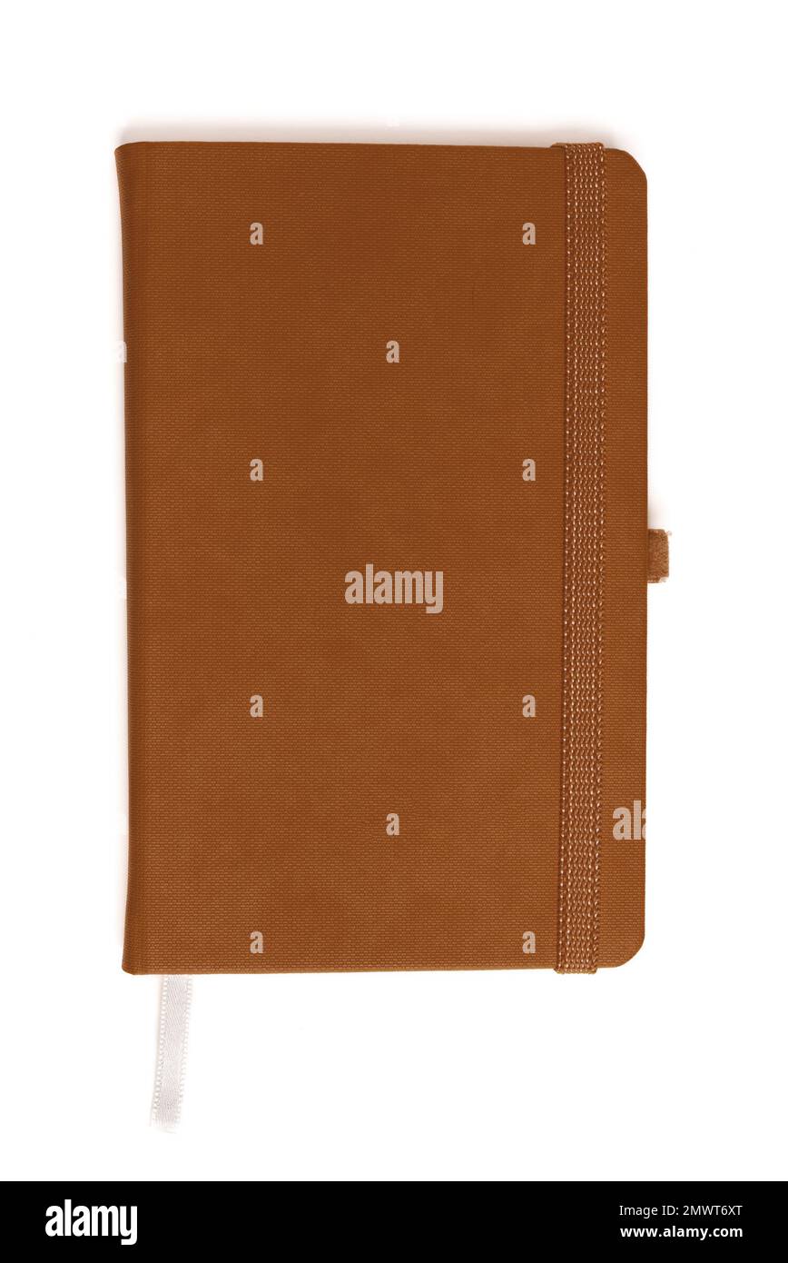 Notepad with hard cover. Top view. Studio shot isolated on white Stock Photo
