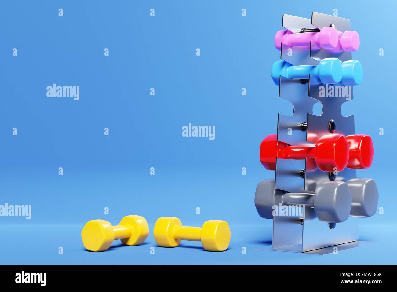 3d illustration multi-colored dumbbells lie on the shelves in ...