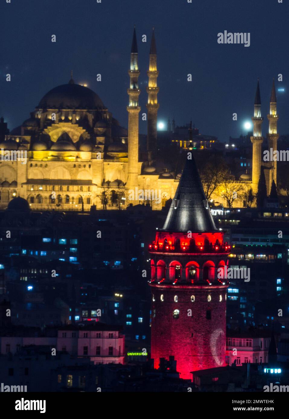 Galata Tower, one of city's historical landmarks, is illuminated in the ...