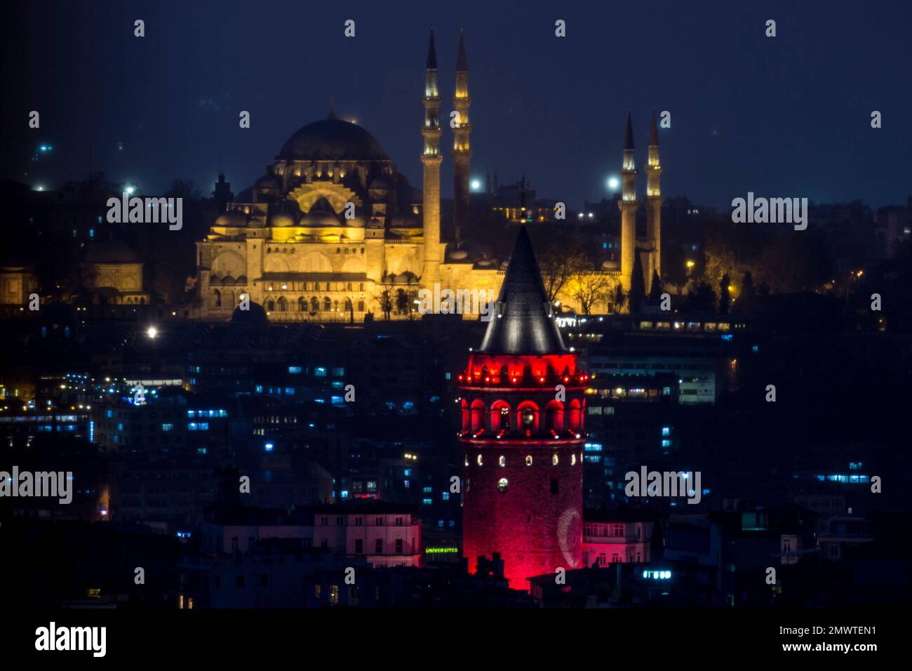 Galata Tower, one of city's historical landmarks, is illuminated in the ...