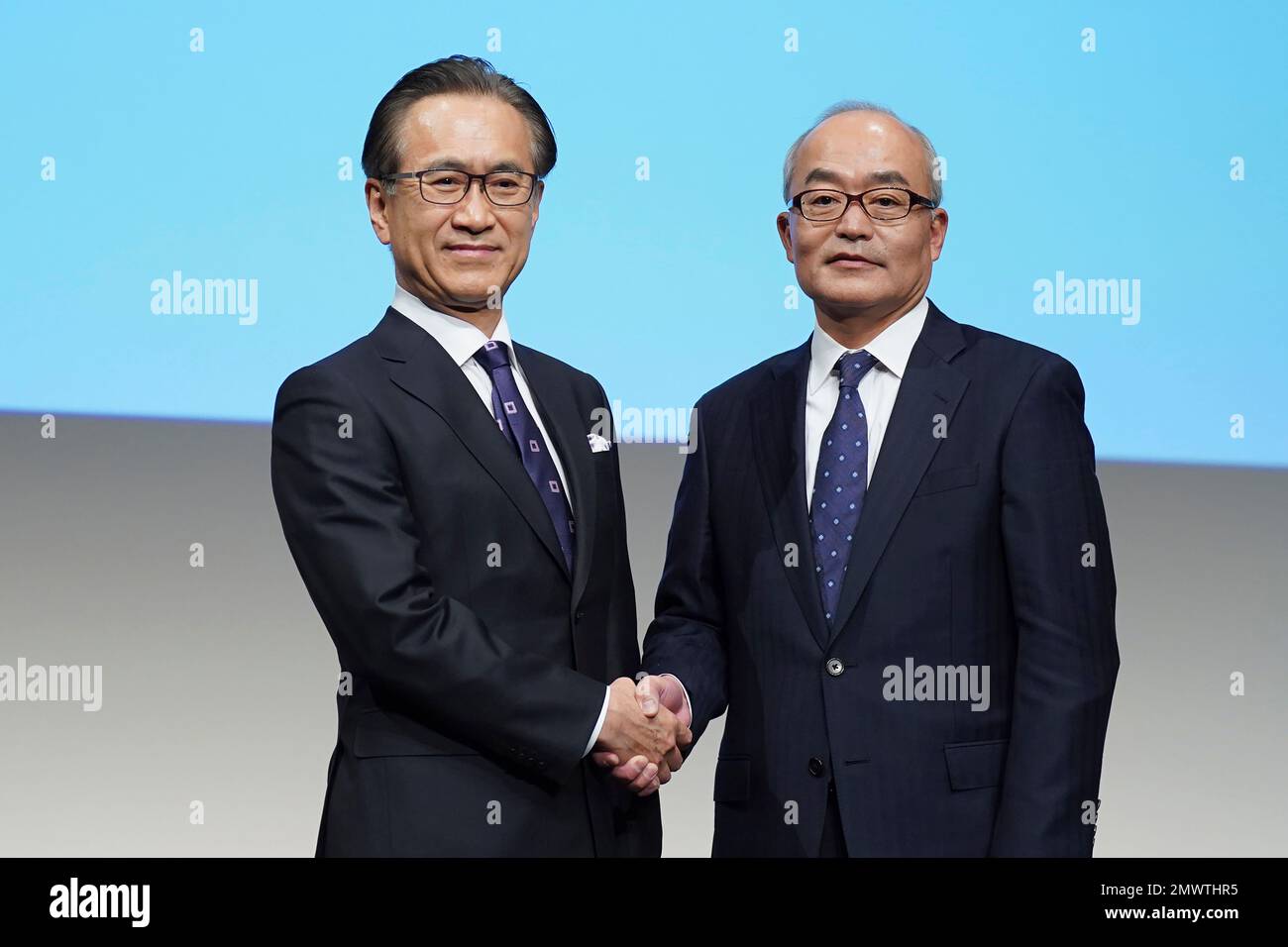 Hiroki Totoki, right, the Chief Financial Officer, who will become the new president and COO, Sony Corp. and Kenichiro Yoshida, left, chief executive officer of Sony Corp. pose for photographer after a Hiroki Totoki, right, the Chief Financial Officer, who will become the new president and COO, Sony Corp. and Kenichiro Yoshida, left, chief executive officer of Sony Corp. pose for photographer after a