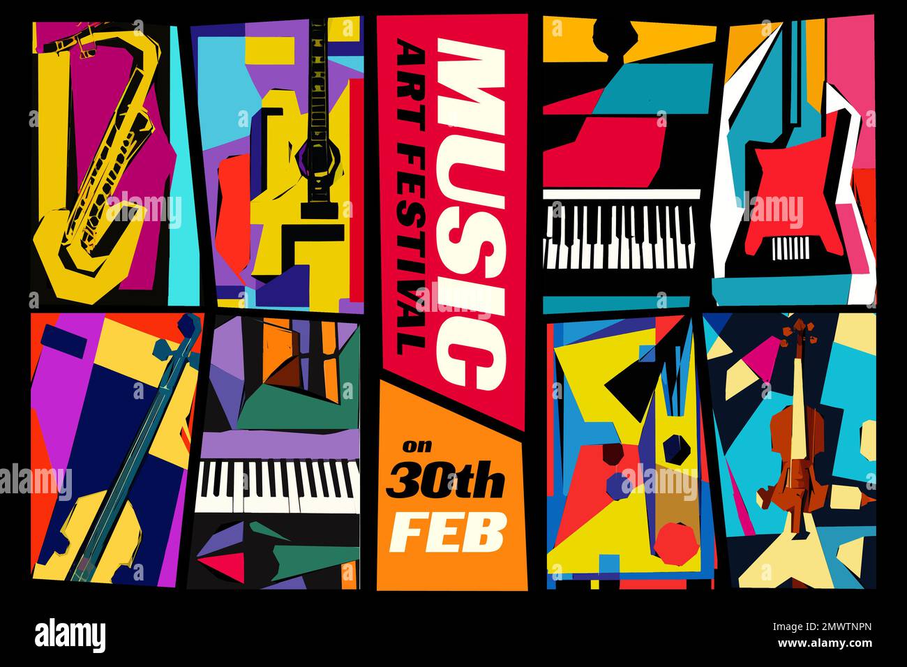 Music and Art Festival. Vector illustration of a set of abstract jazz backgrounds with musical instruments. Guitar, piano, saxophone and violin. Stock Vector