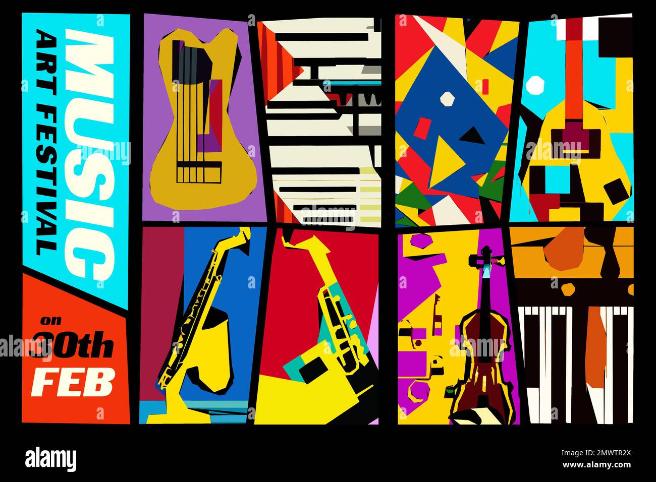 Music and Art Festival. Vector illustration of a set of abstract jazz backgrounds with musical instruments. Guitar, piano, saxophone and violin. Stock Vector