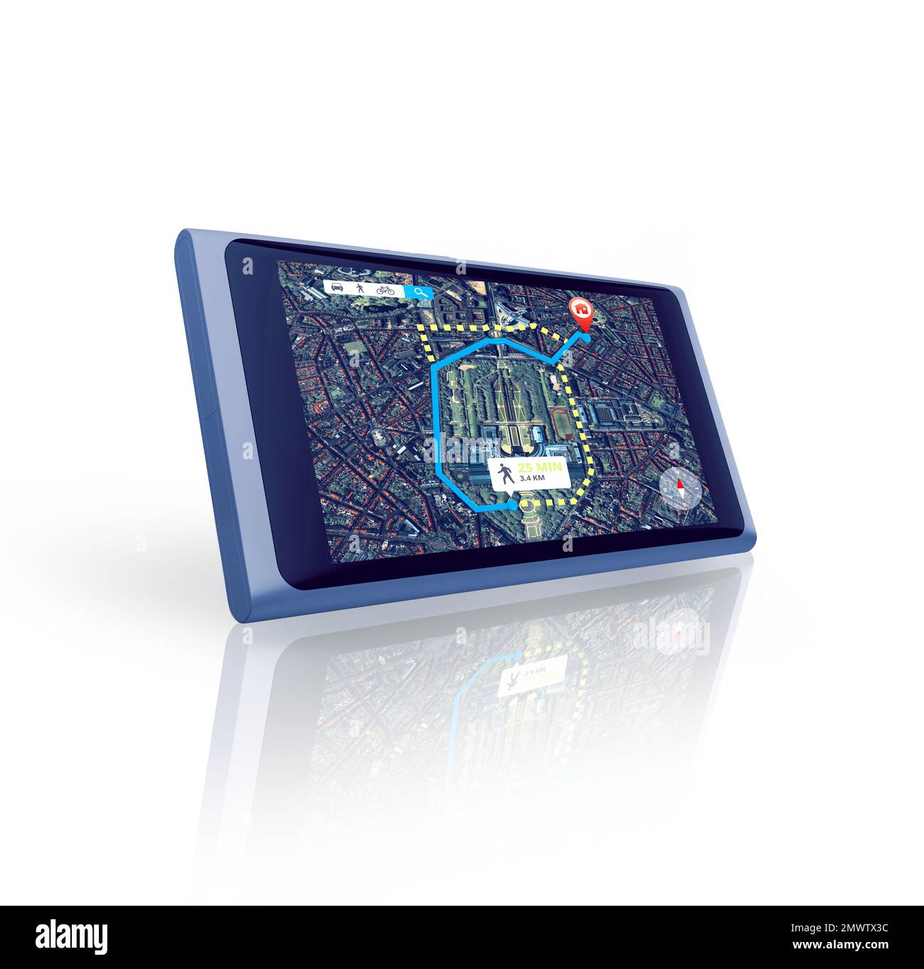 Get some GPS guidance. a tablet showing a city satellite map with gps
