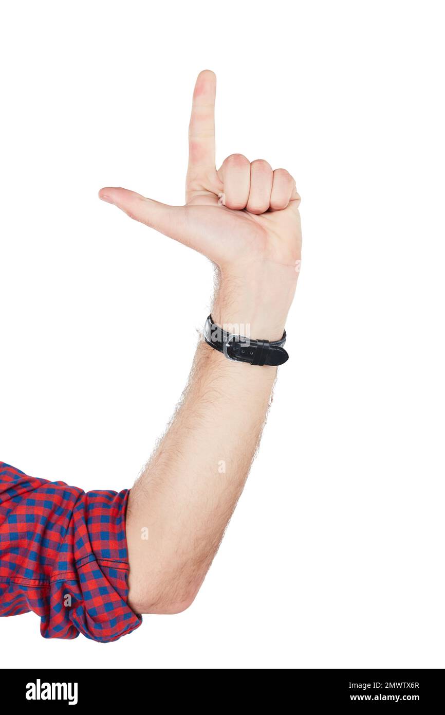 Hand, count and fingers pointing in a studio for direction, mathematics or timer solution. Count down, sign and male model with sign language or Stock Photo