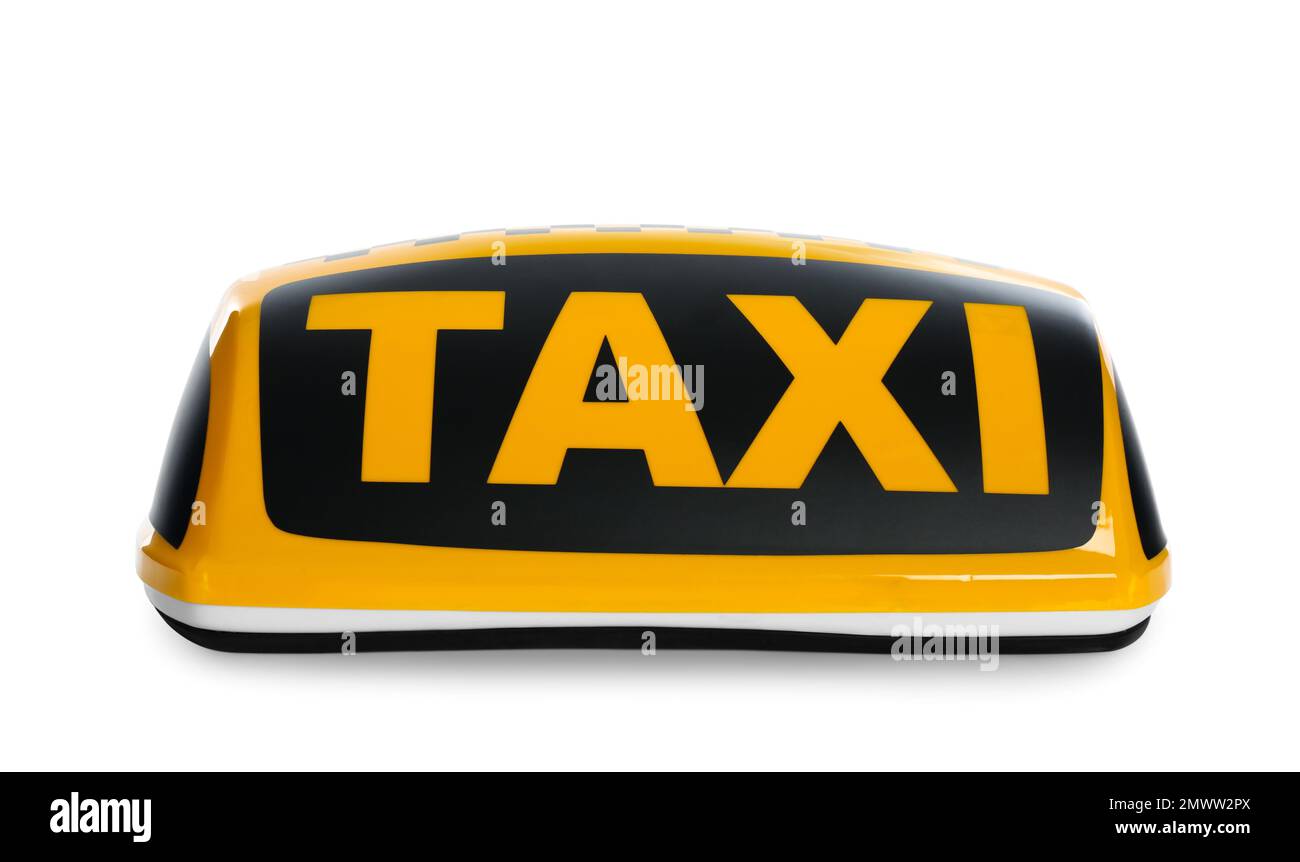 Yellow taxi roof sign isolated on white Stock Photo Alamy