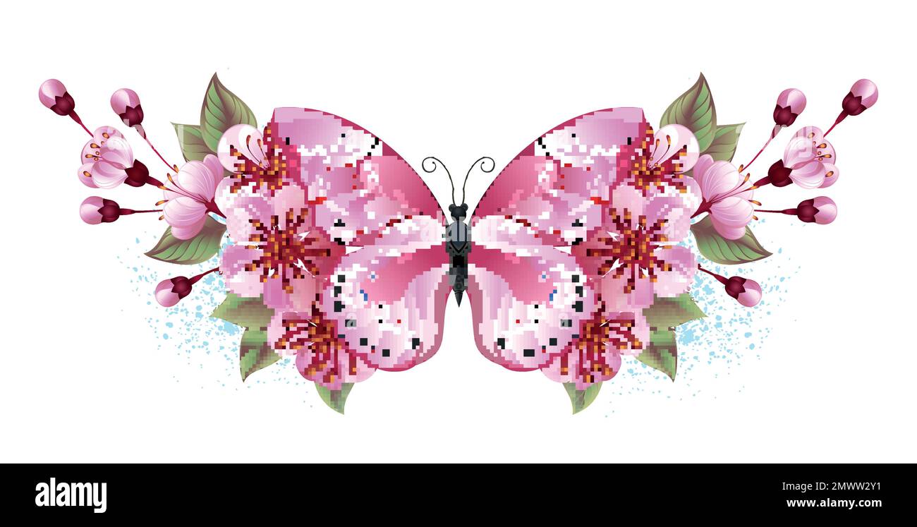 Symmetrical composition of artistically painted pink butterfly and pink ...