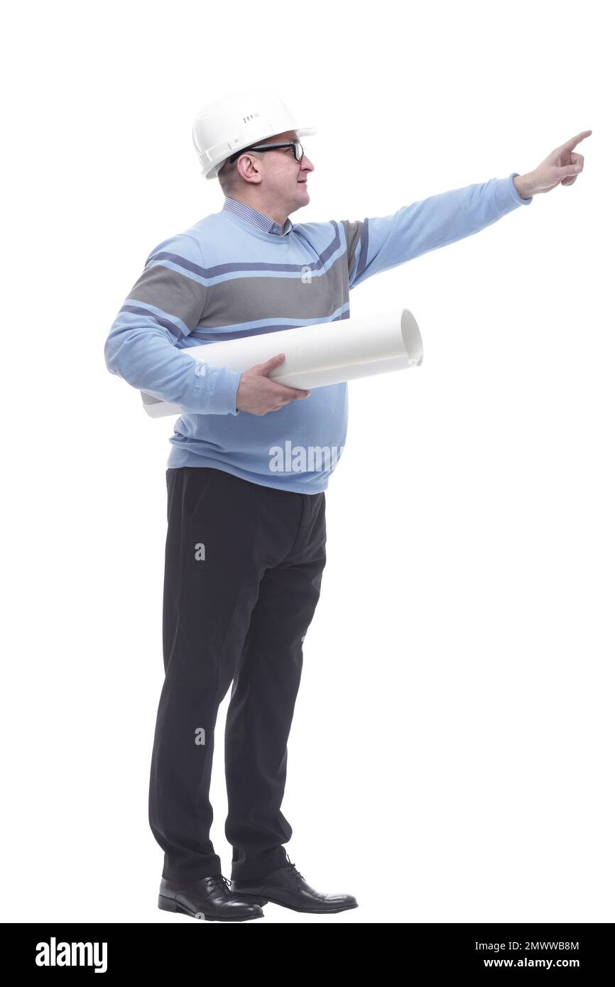 side view. a man with a roll of drawings looking somewhere ahead Stock ...