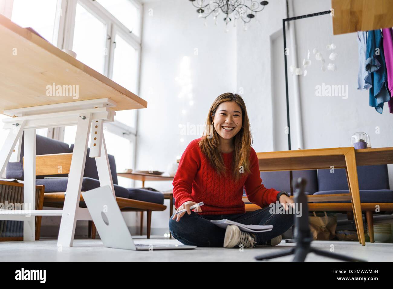 Young female vlogger making social media video Stock Photo