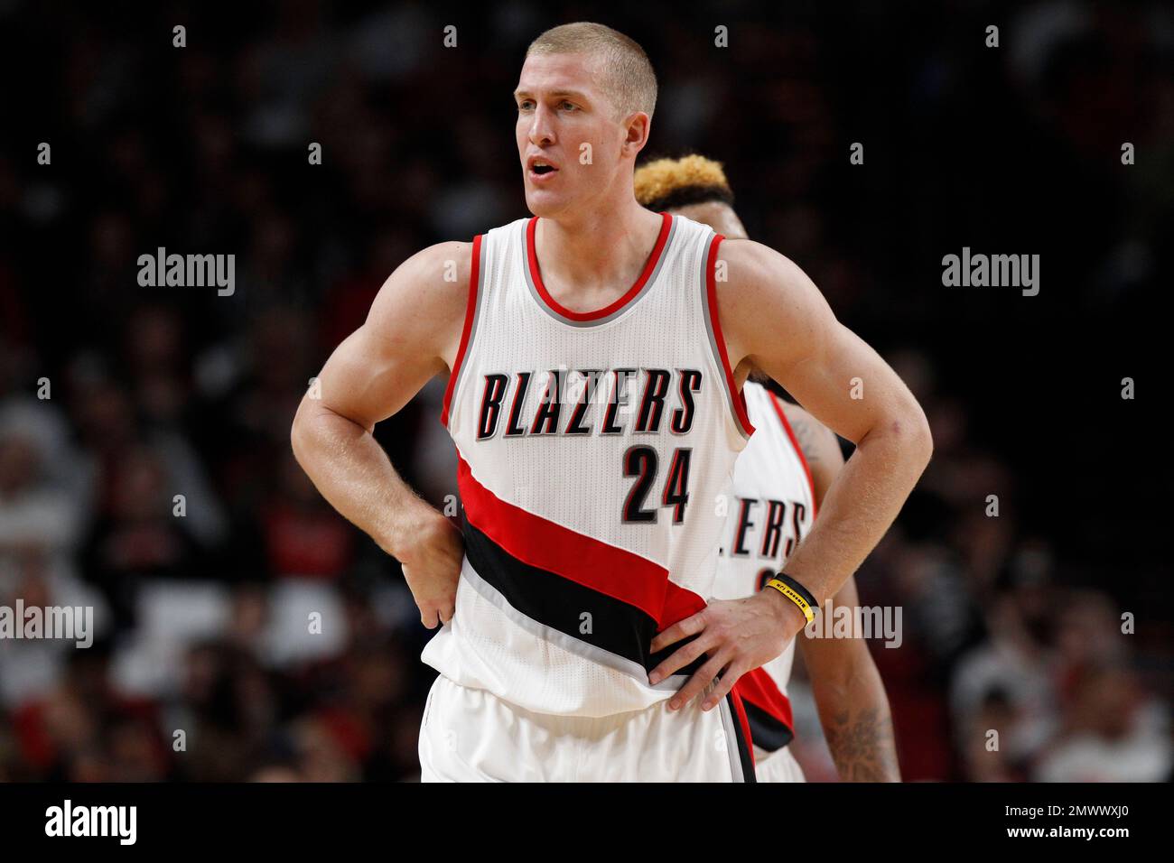 Portland Trail Blazers center Mason Plumlee is shown during an NBA  basketball game against the Indiana Pacers in Portland, Ore., Wednesday,  Nov. 30, 2016. (AP Photo/Steve Dipaola Stock Photo - Alamy