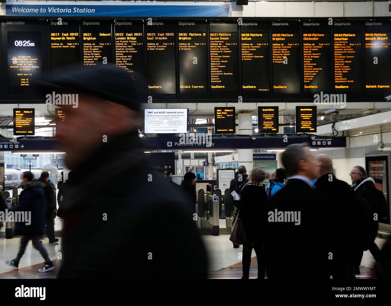 An electronic sign warns of strike action on Southern Railway services
