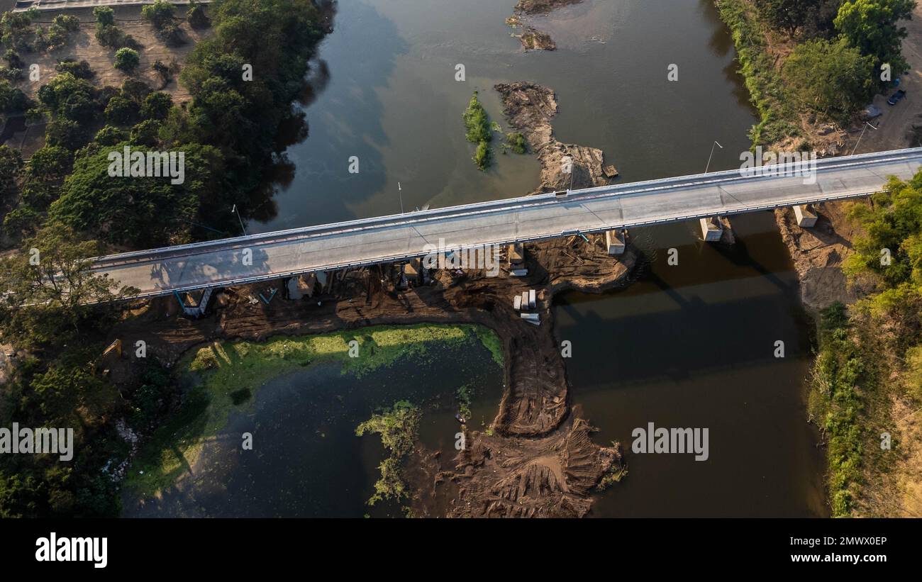 Aerial view of renovation and repair work on the river bridge road ...