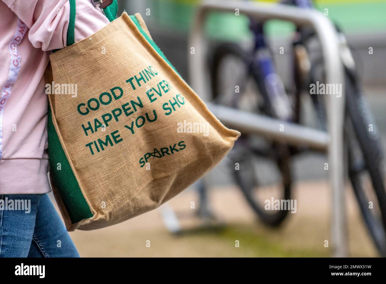 M&S, M & S, Marks and Spencers Jute reusable store bag in Preston, UK