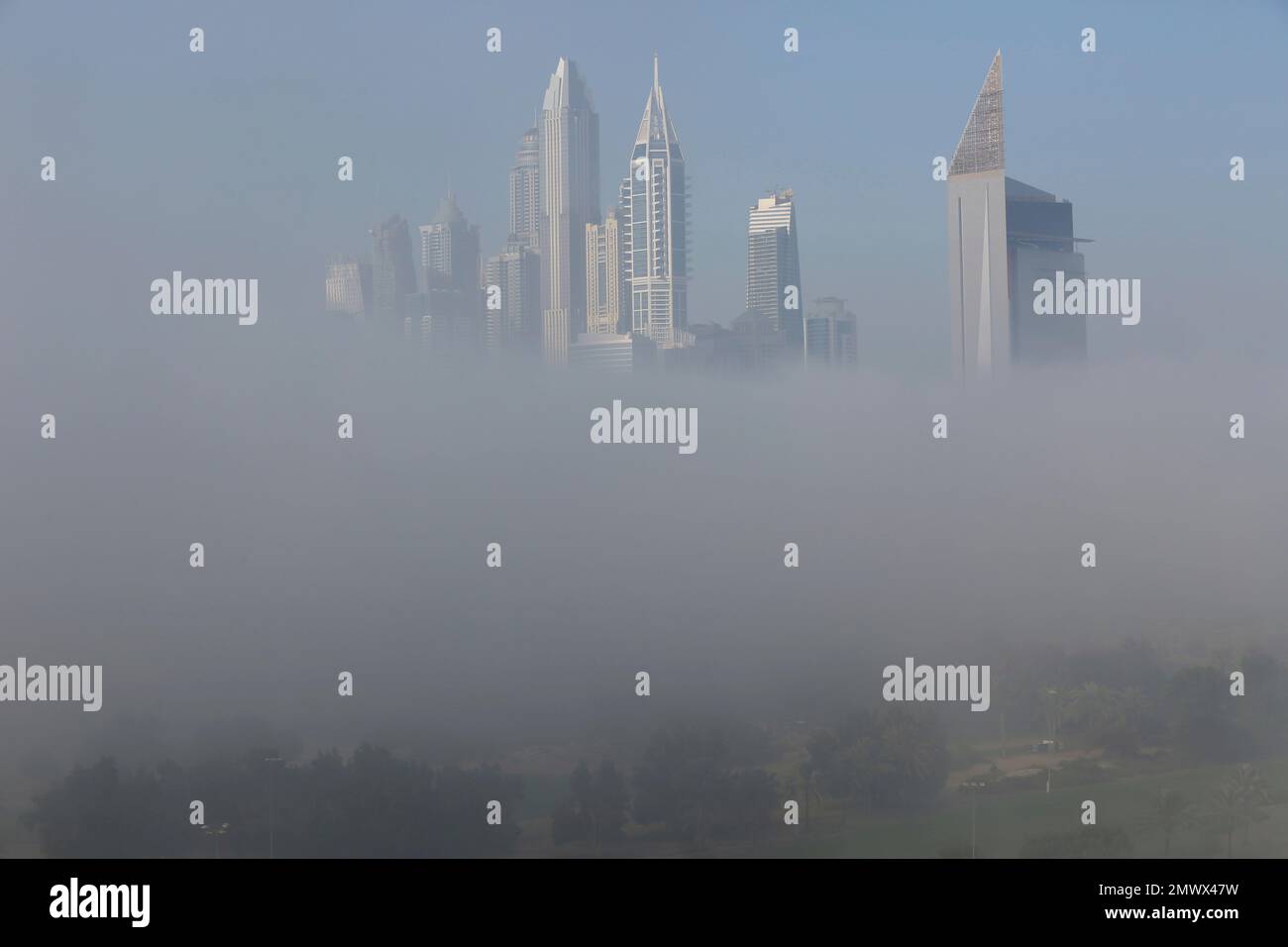 Thick fog blankets the Dubai Marina in Dubai, United Arab Emirates, on
