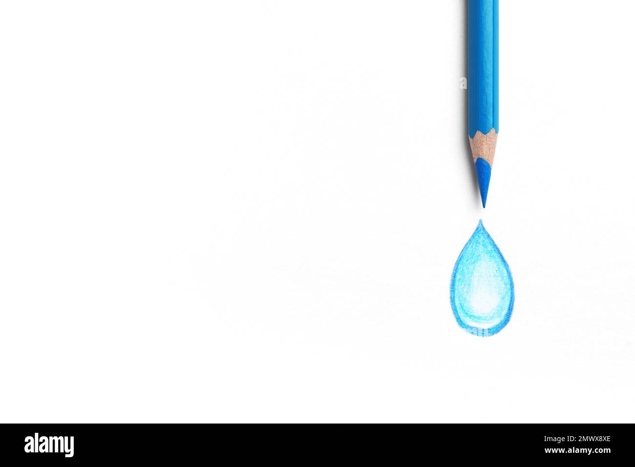 Drawing of water drop and light blue pencil on white background, top